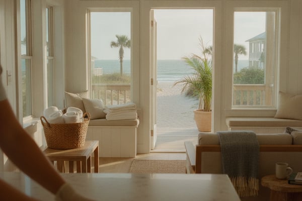 Bright beachfront room with multiple glass doors opening to ocean view, palm trees, and sandy beach beyond.