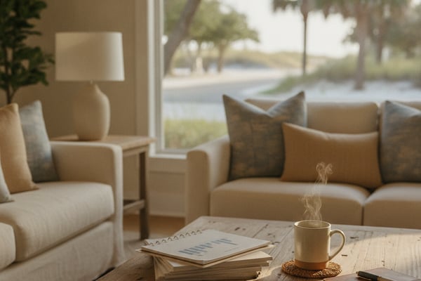 Bright living room with beige furniture, wooden table with coffee mug and documents, large windows overlooking palm trees and water.