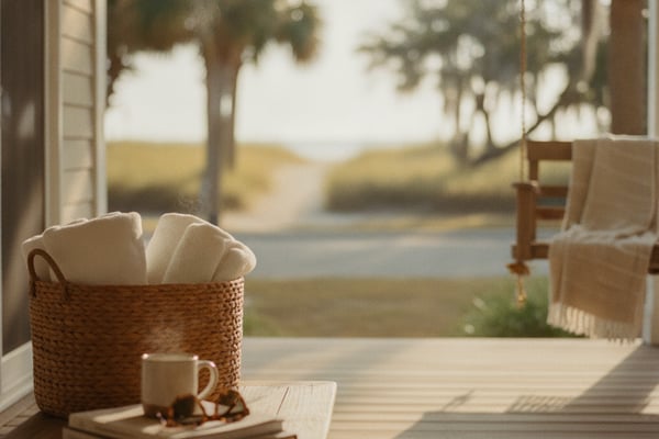 Porch with wicker basket of blankets, books, and mug overlooking palm-lined driveway and fields