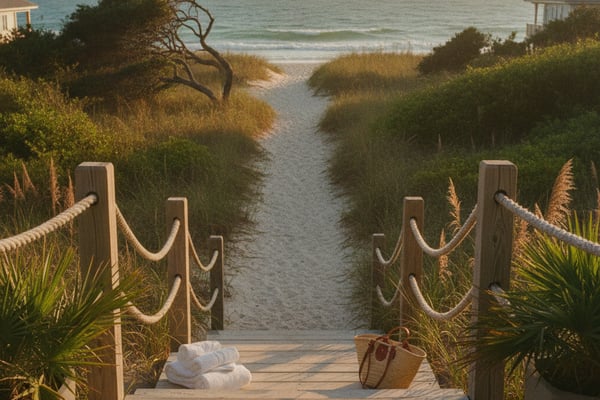 Wooden boardwalk with rope railings leading to sandy beach, dune grasses, and ocean view with coastal houses