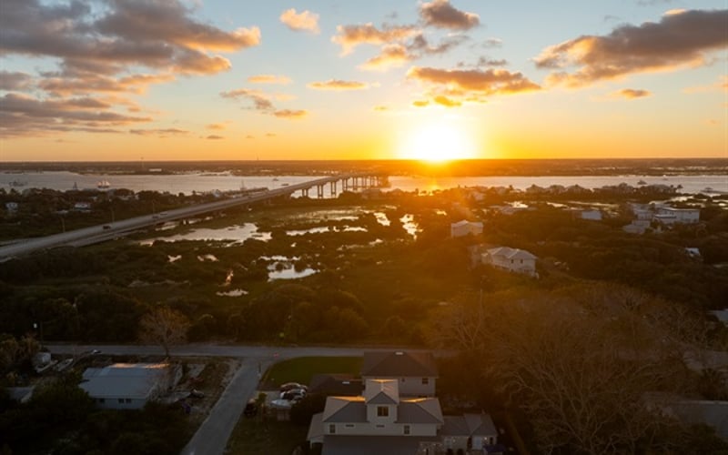 Ariel view of sunset and Francis and Mary Usina Bridge to St Augustine