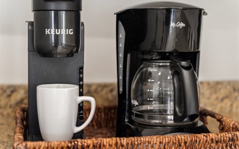 Enjoy coffee with a drip coffee pot, a Keurig machine with starter pods provided, a French Press and Moka Pot
